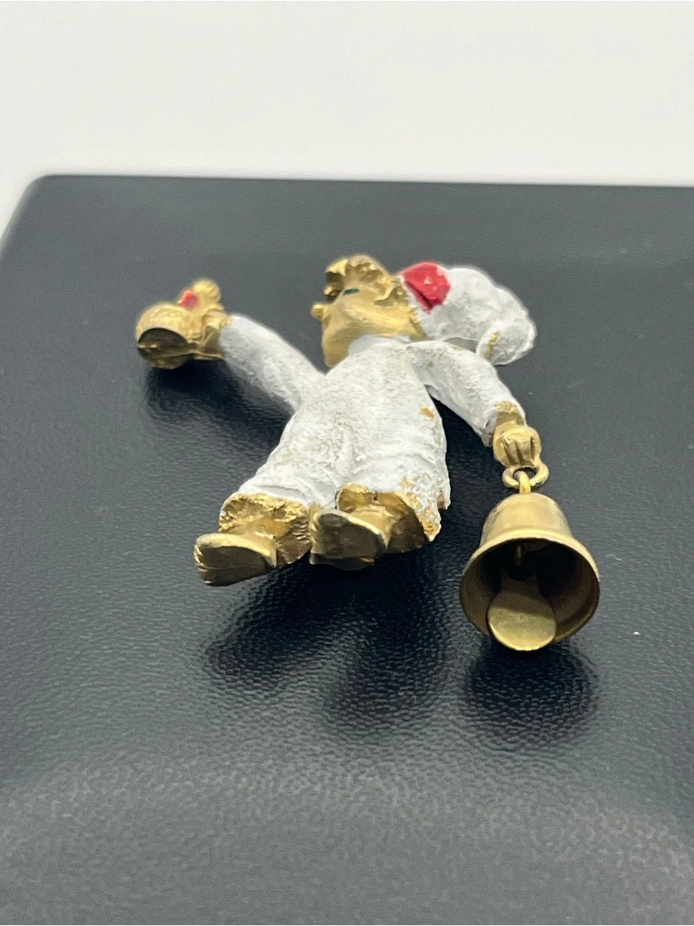 Christmas figural child carrying candle & bell enamel gold tone brooch pin